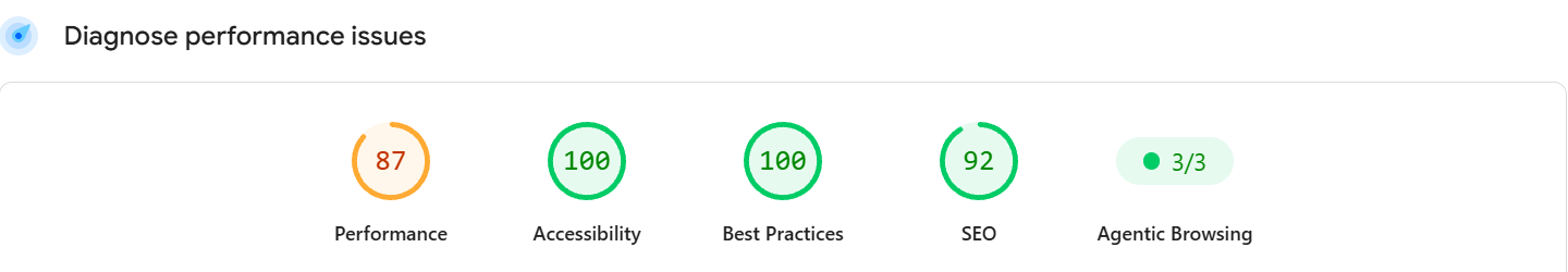 PageSpeed Insights desktop report for filari.in: Performance 87, Accessibility 100, Best Practices 100, SEO 92, Agentic Browsing 3/3