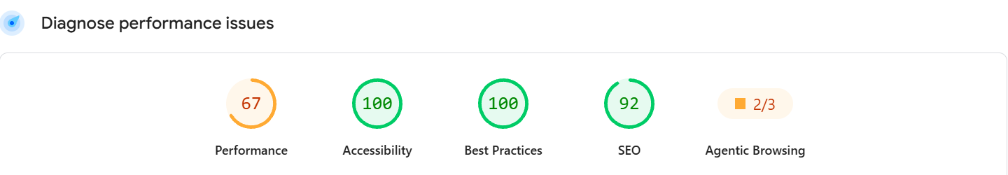 PageSpeed Insights mobile report for filari.in: Performance 67, Accessibility 100, Best Practices 100, SEO 92, Agentic Browsing 2/3