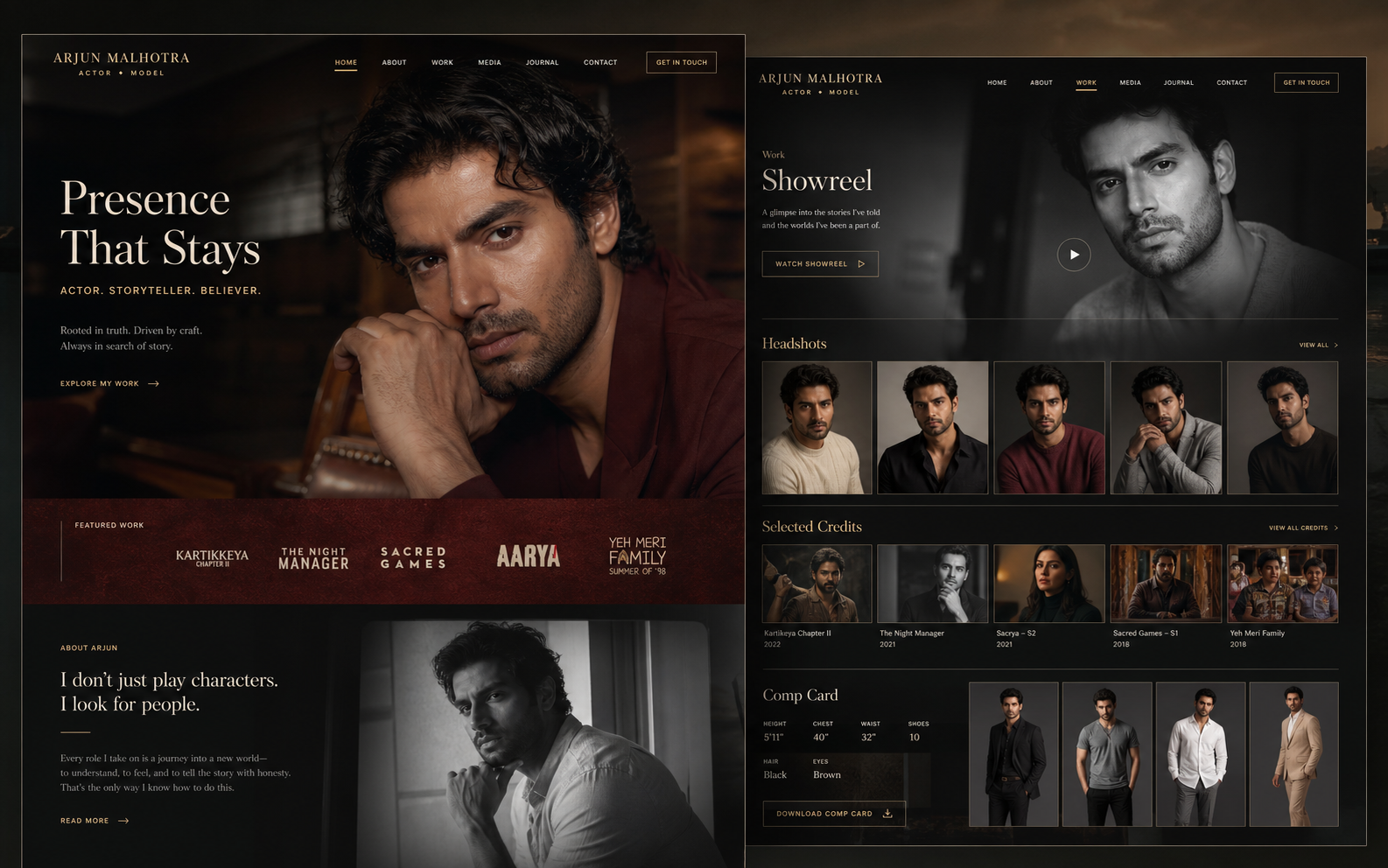 Home and detail page website concept for Actor / Model