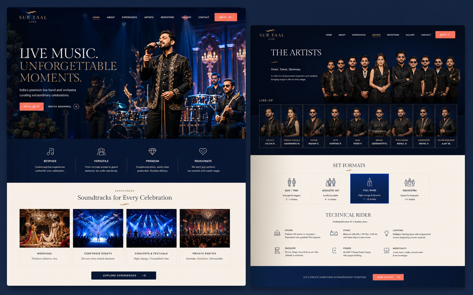 Home and detail page website concept for Live Band / Orchestra