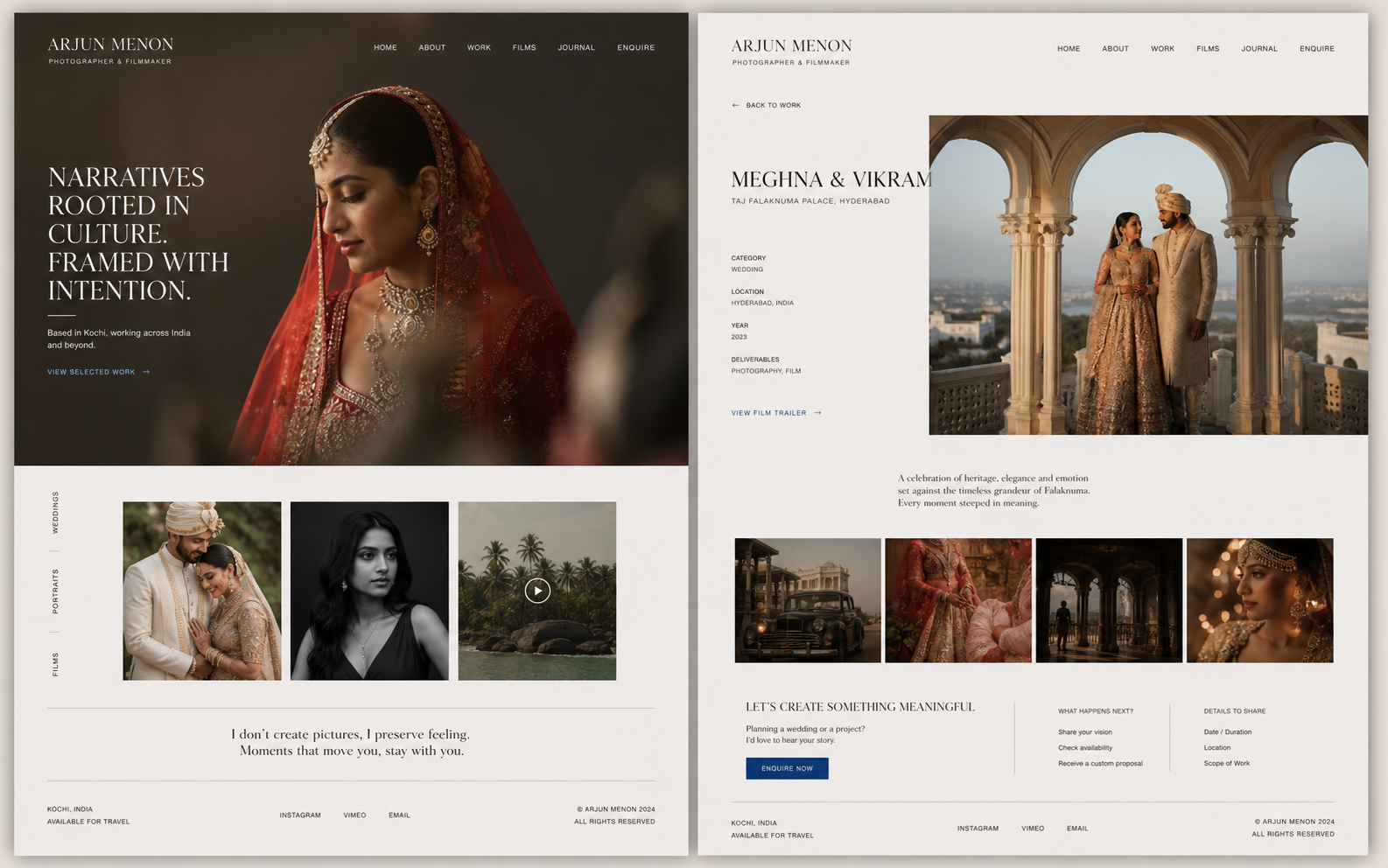 Home and detail page website concept for Photographer / Filmmaker