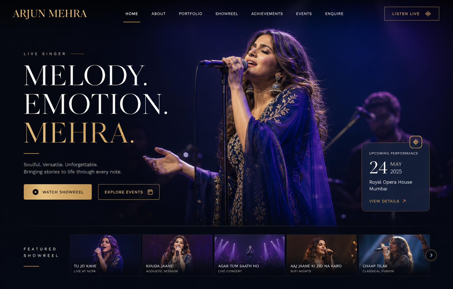 Home page screenshot of the Arjun Mehra artist website concept