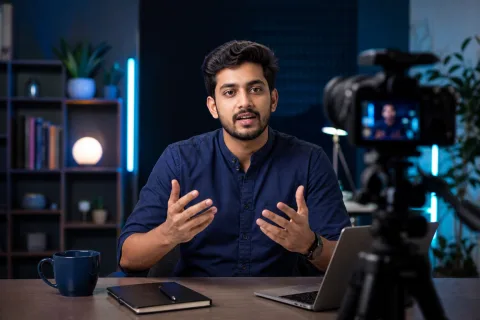 Indian content creator filming an educational studio video