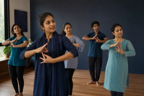 Indian dance teacher guiding students in a creative academy