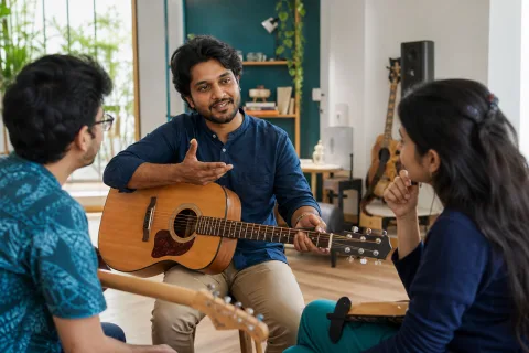 Indian music teacher leading a small guitar workshop