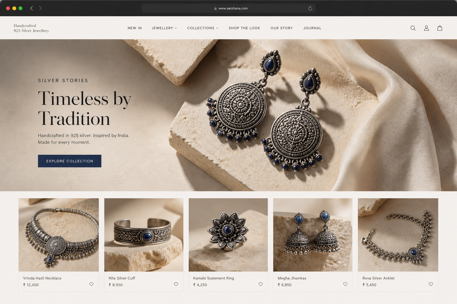 Premium handcrafted silver jewellery ecommerce storefront with an editorial hero and distinct product collection