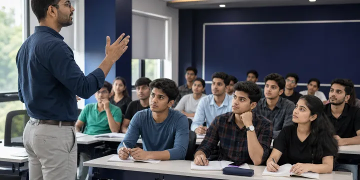 Teacher leading a competitive exam coaching class for Indian students