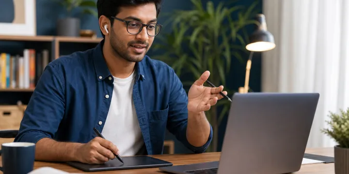Independent Indian tutor teaching an online lesson from a home studio