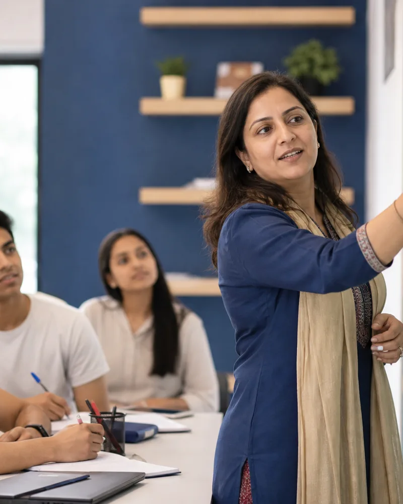 Teacher guiding students through a skill-based class at an Indian academy