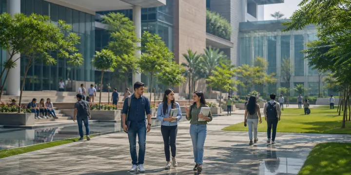 Students walking through a modern Indian university campus