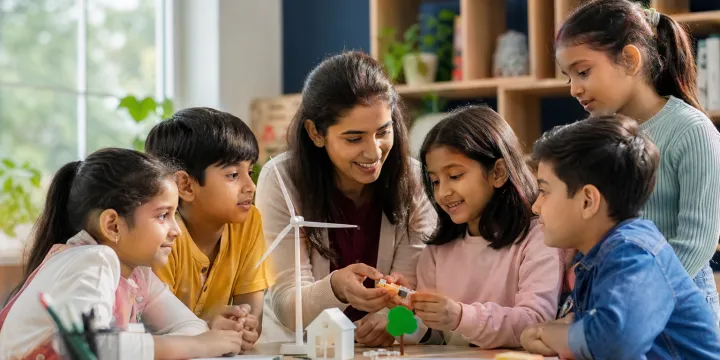 Teacher guiding children through a hands-on K-12 classroom activity
