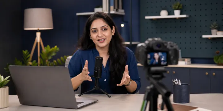 Indian educator recording an online course in a professional home studio