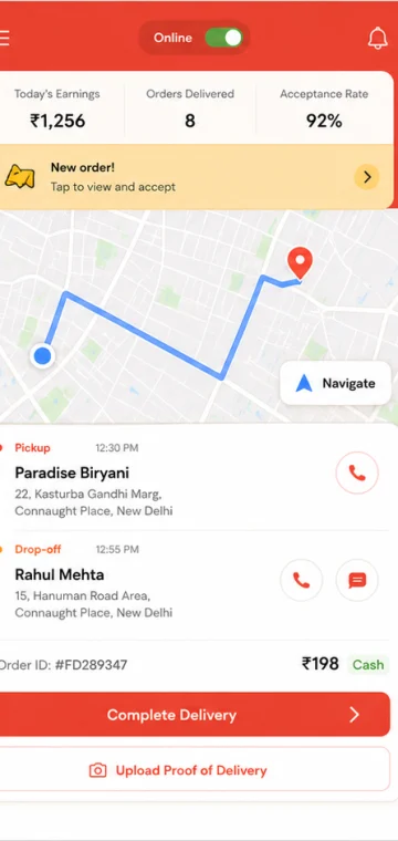 Driver mobile app interface