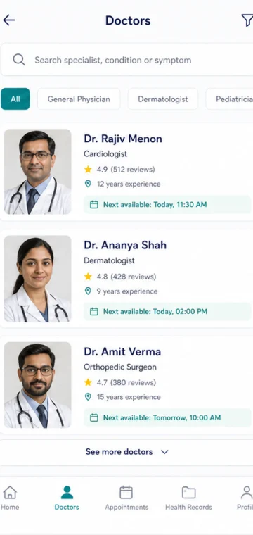 Doctors mobile app interface