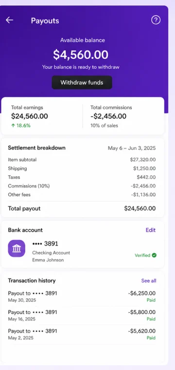 Payout mobile app interface
