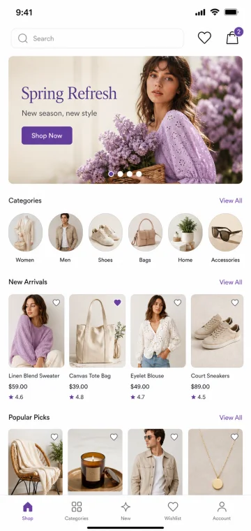 Mobile ecommerce app with categories and realistic product listings