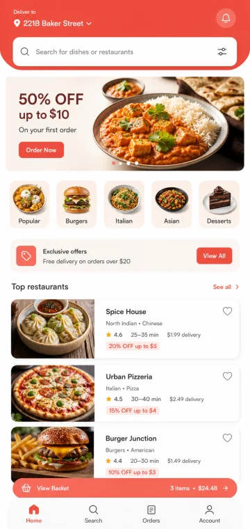 Realistic food delivery mobile app screen