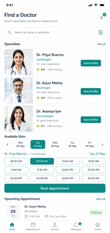 Healthcare mobile app with doctor profiles and appointment slots