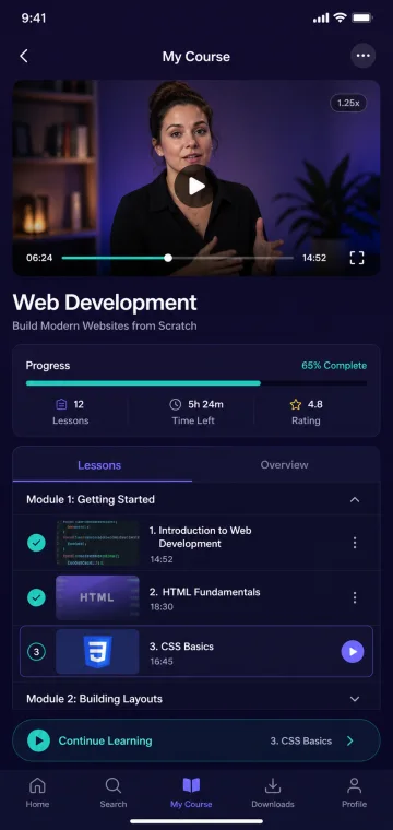 Online learning mobile app with course video, lessons and progress