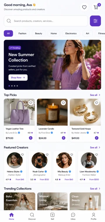 Realistic marketplace discovery mobile app screen