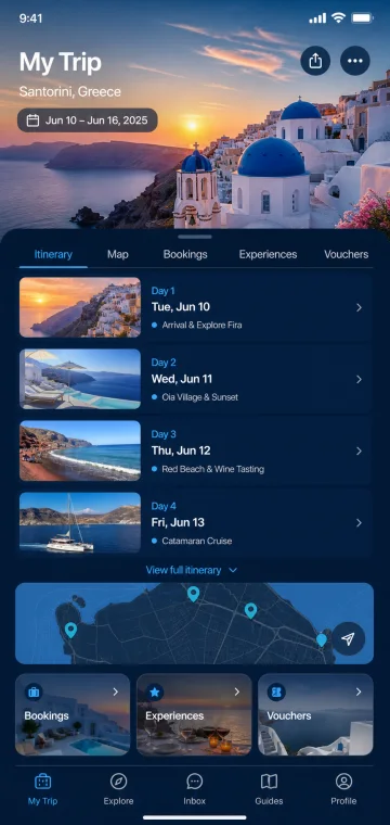 Travel mobile app with destination itinerary, map and bookings