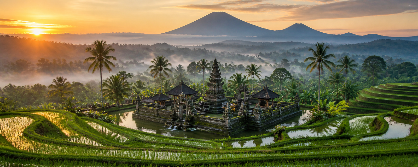 Bali water temple among rice terraces at sunrise