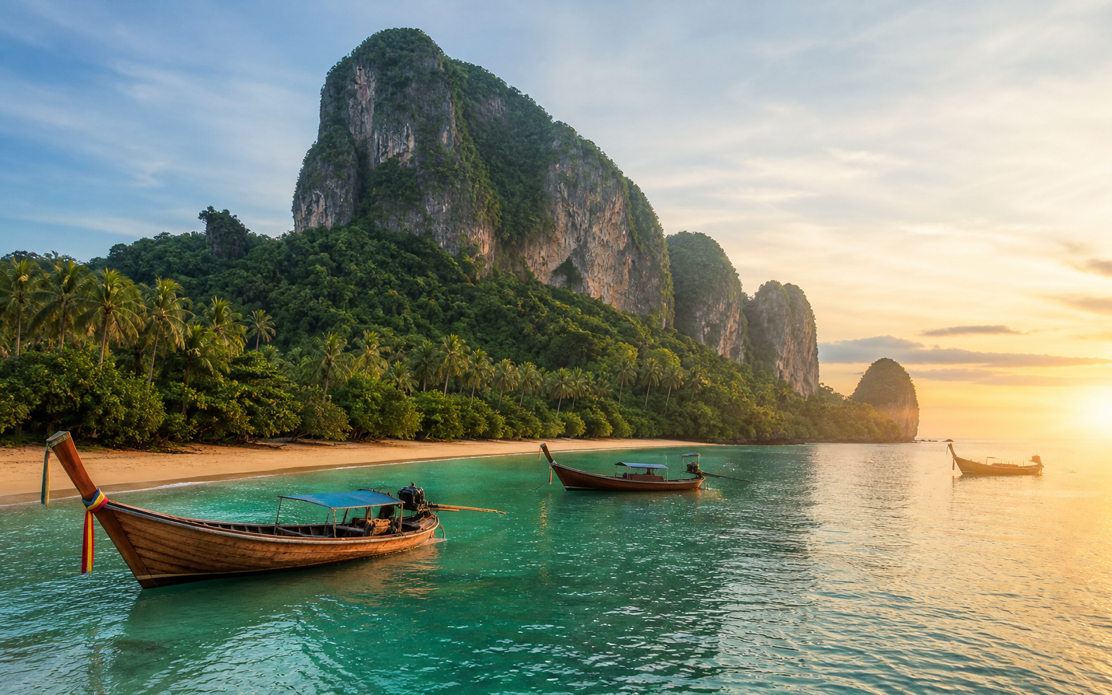 Thailand island landscape with limestone cliffs and long-tail boats