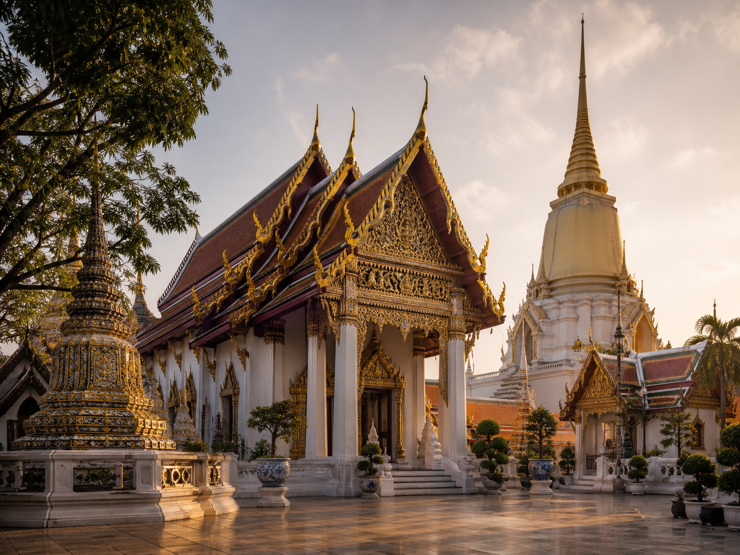 Ornate Thai Buddhist temple in morning light