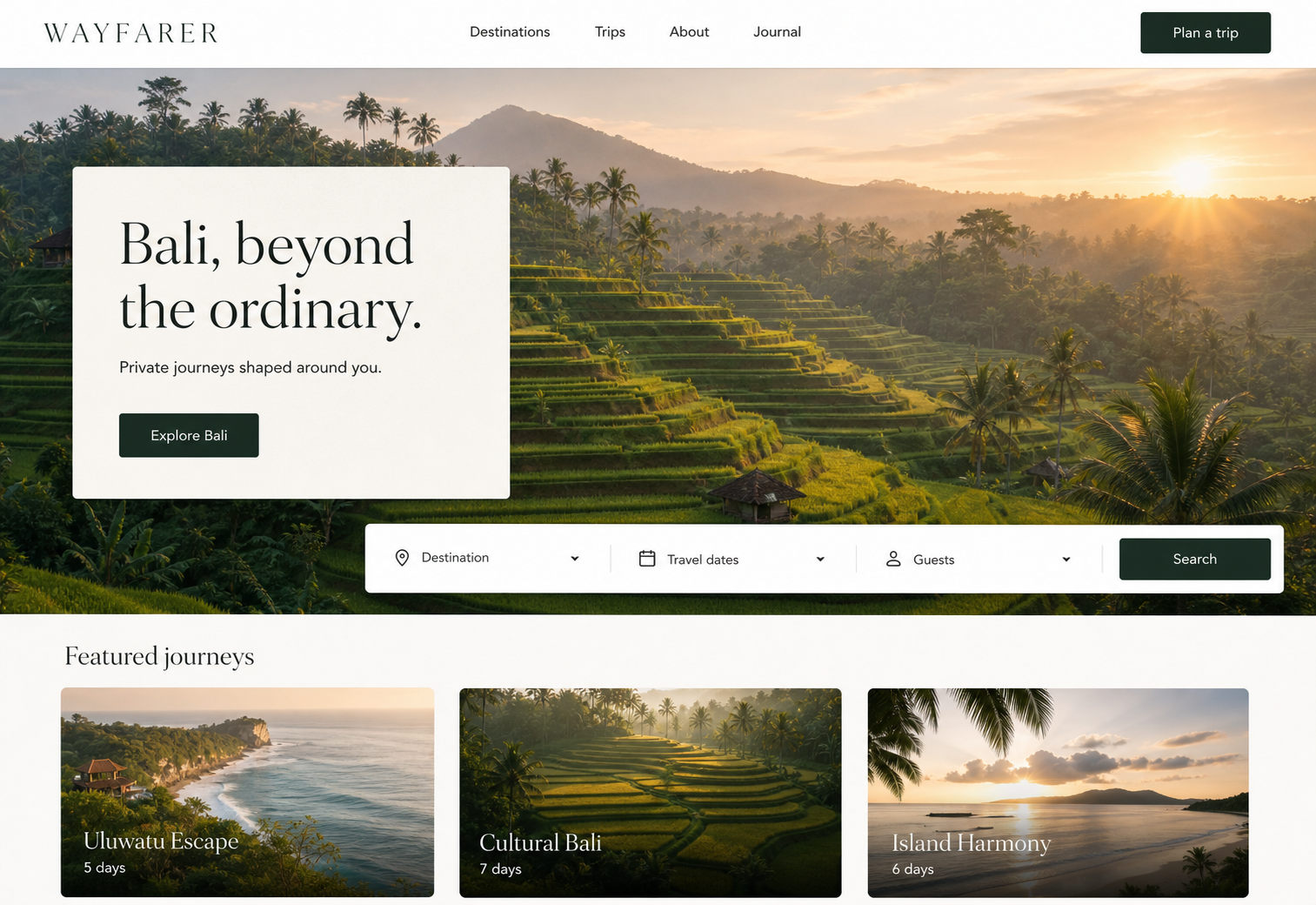 Premium travel website homepage featuring curated Bali journeys