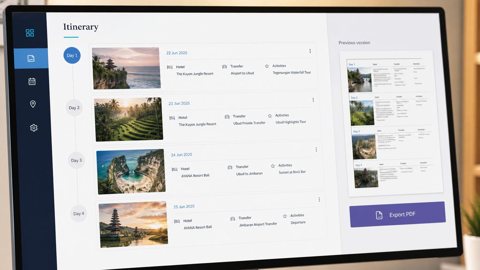 Travel itinerary builder with day-by-day plans and PDF export