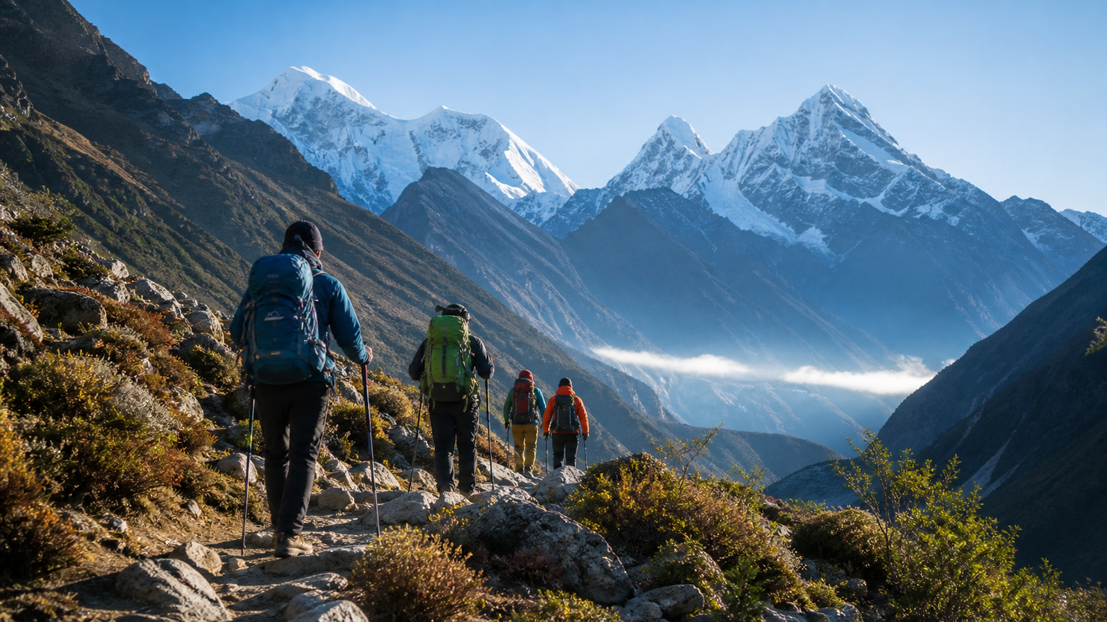 Adventure travel group trekking on a Himalayan mountain trail