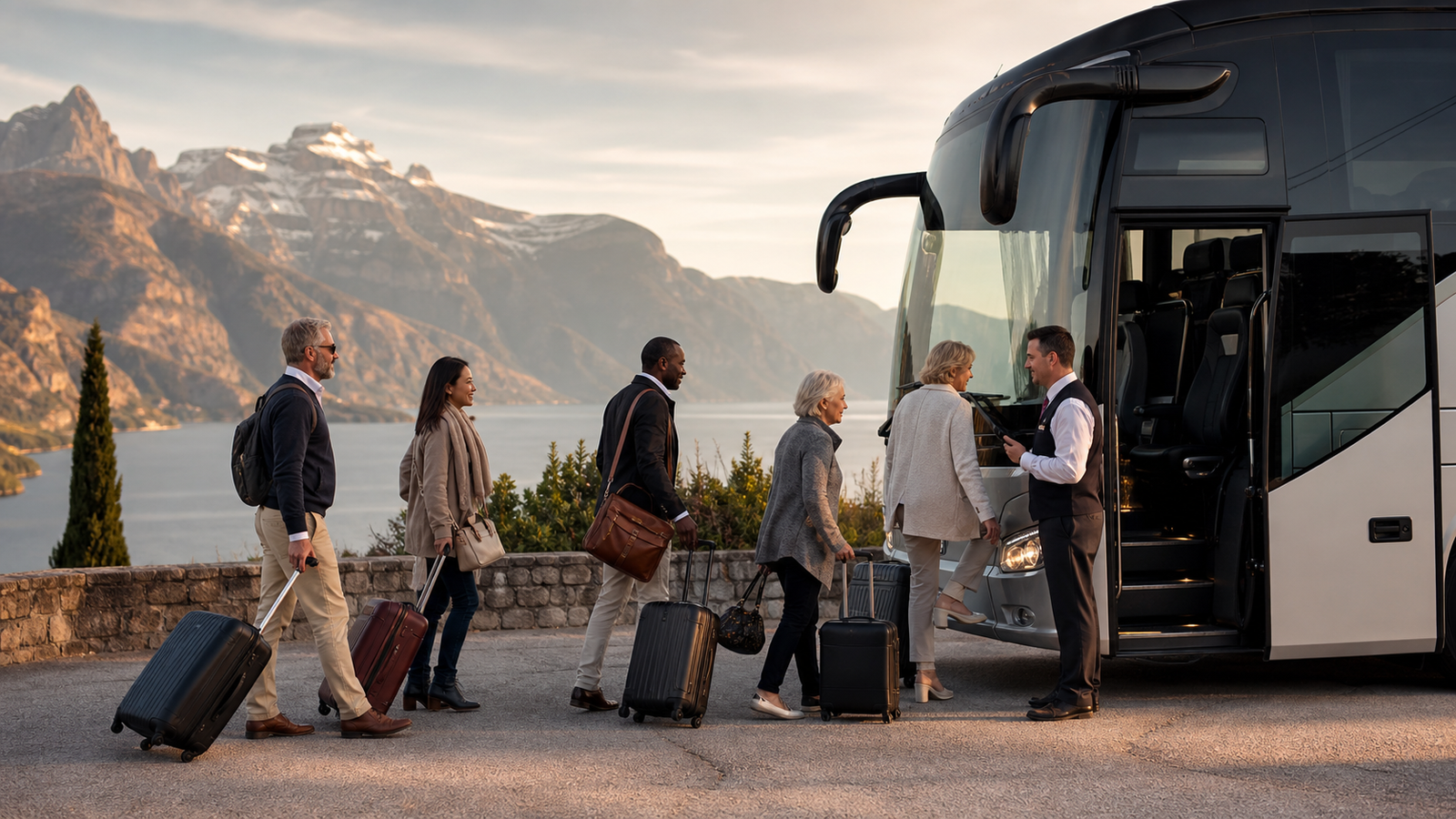 Organised group tour boarding a premium coach