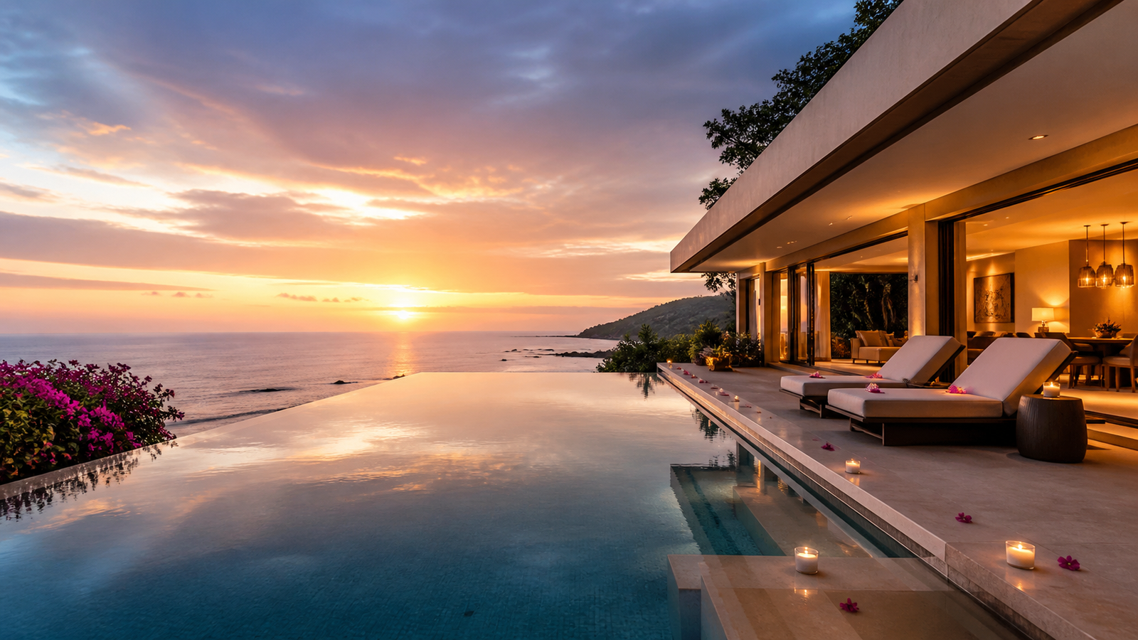 Luxury honeymoon resort villa with infinity pool at sunset