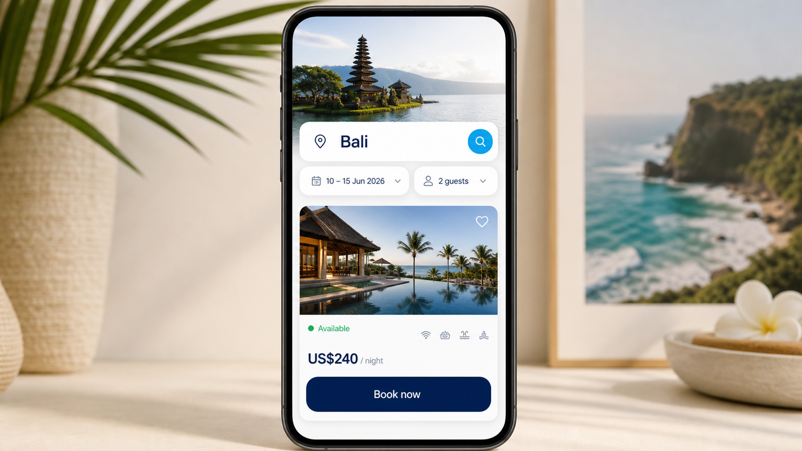 Mobile travel booking website showing live Bali availability