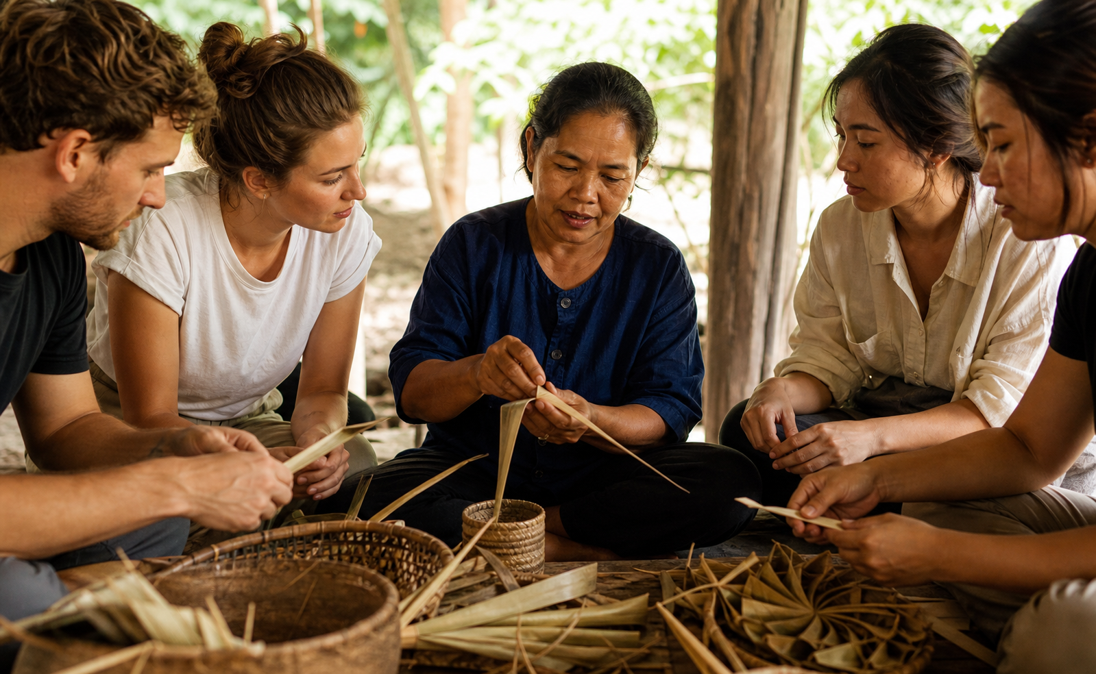 Local artisan leading an adult cultural craft workshop in Thailand