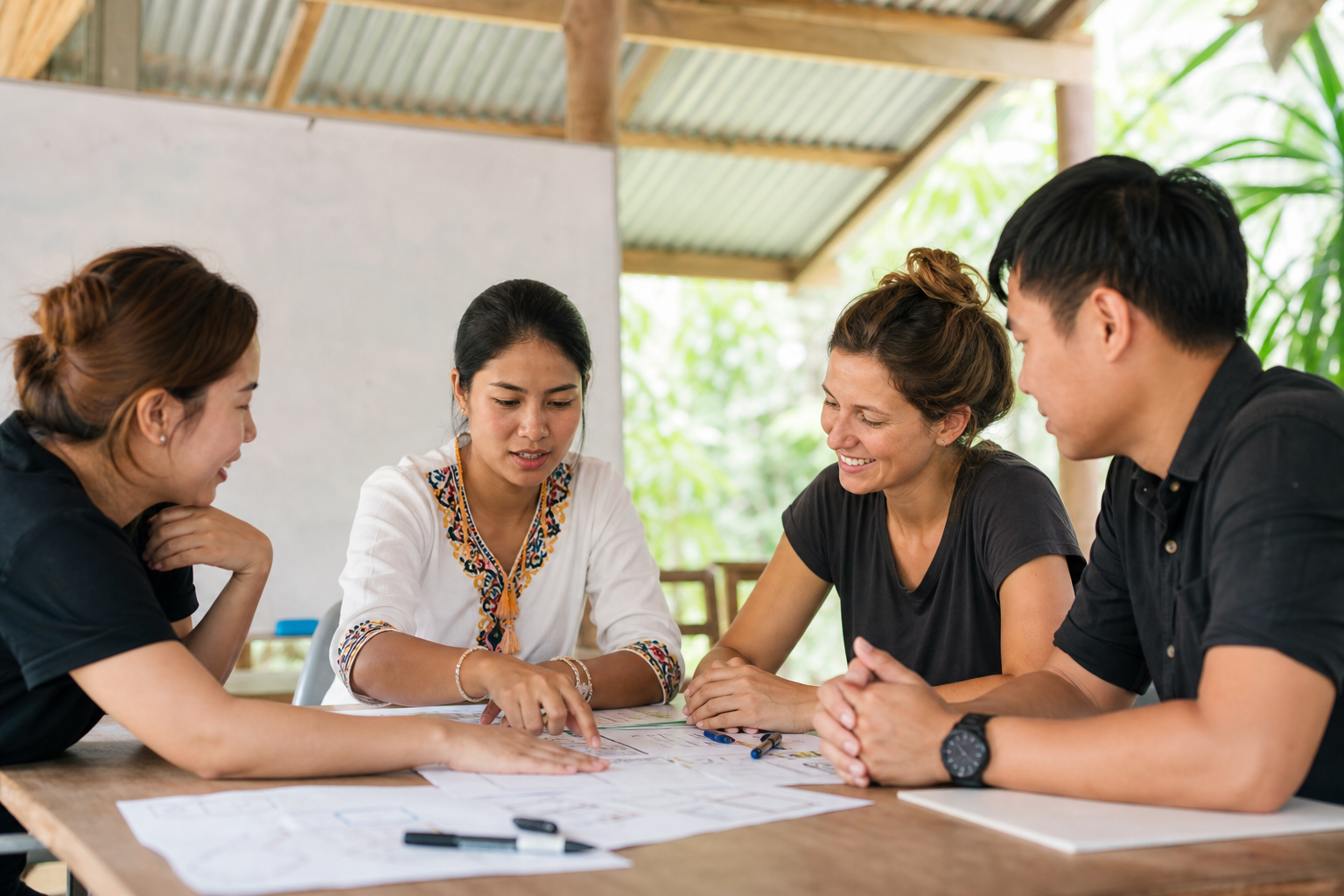 Volunteer collaborating with a locally led community project team in Thailand