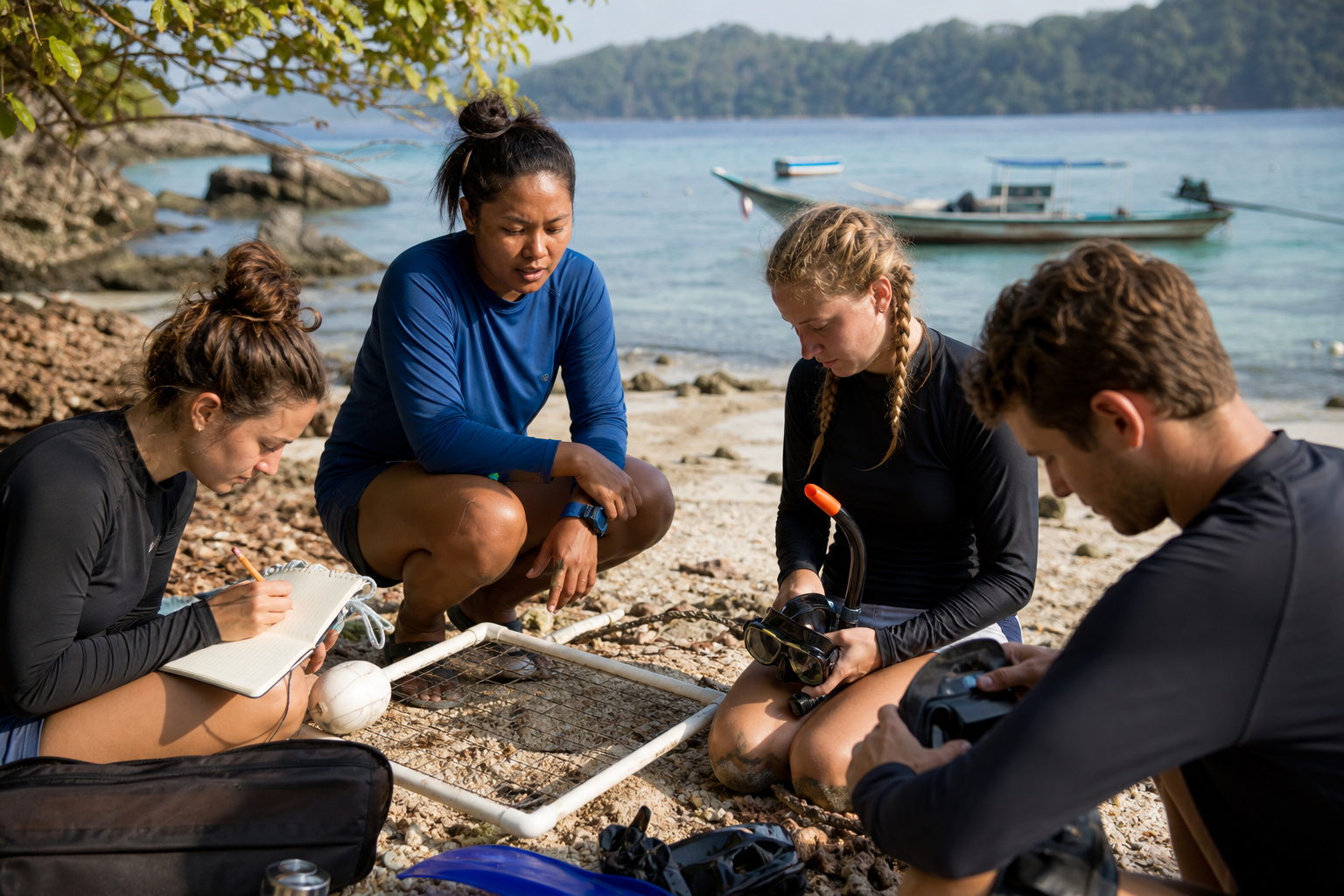 Marine conservation team preparing a shoreline reef survey in Thailand