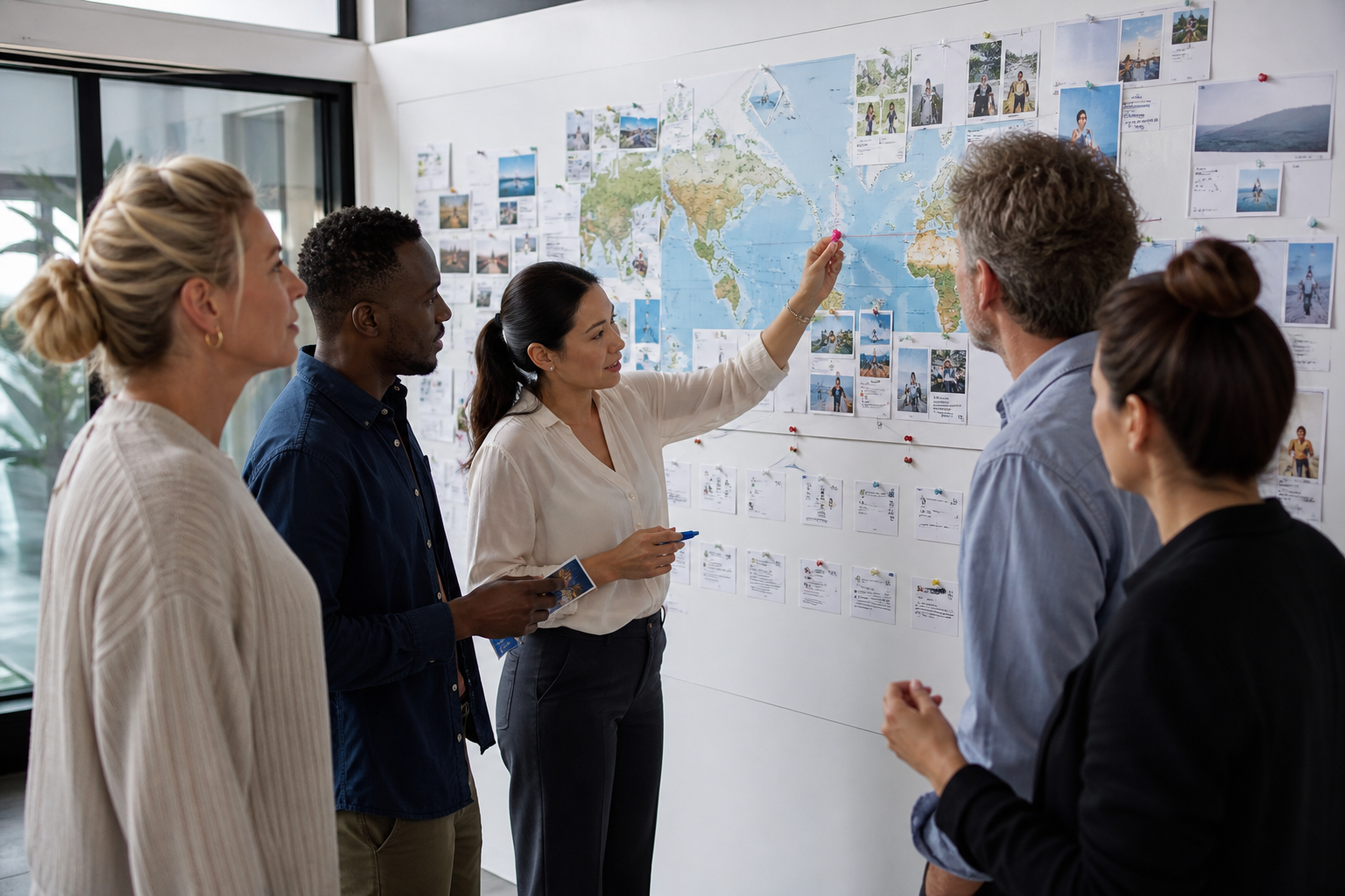 Travel operations team reviewing a destination and participant journey board