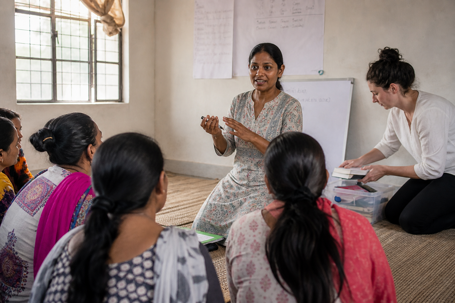 Indian teacher leading a community education workshop with volunteer support
