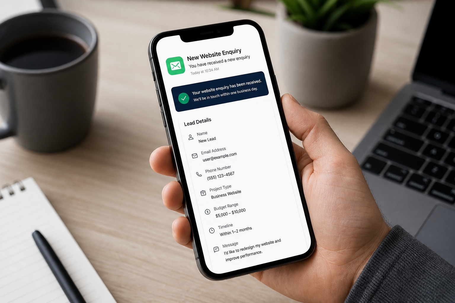 New website enquiry notification on a phone