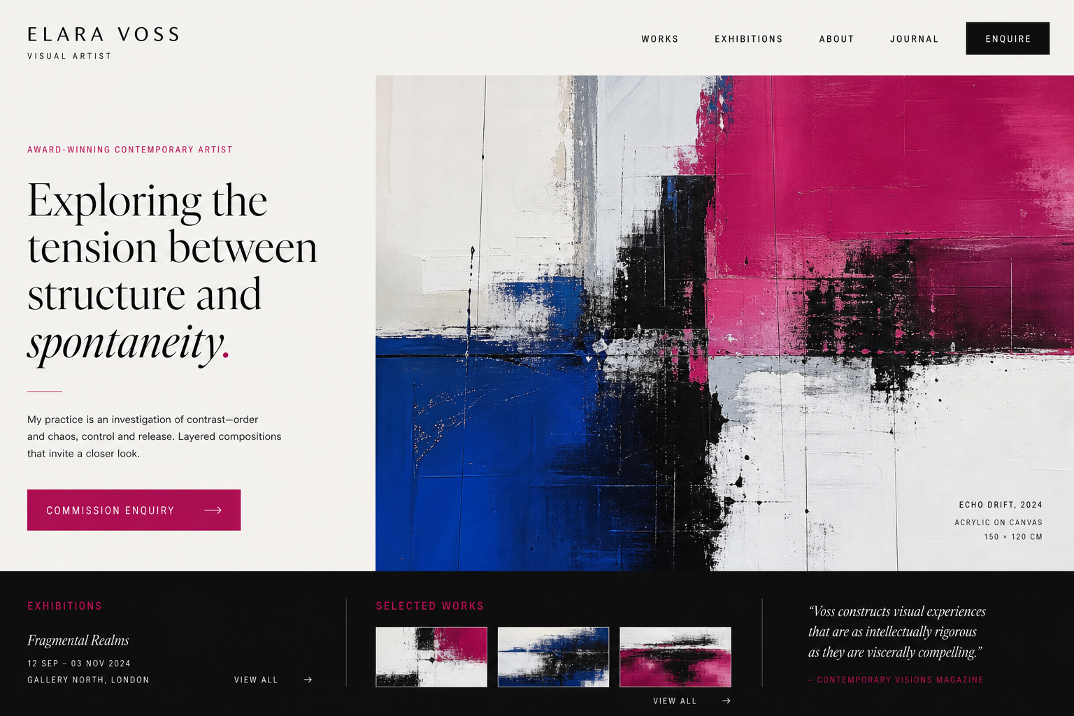 Contemporary visual artist portfolio website homepage