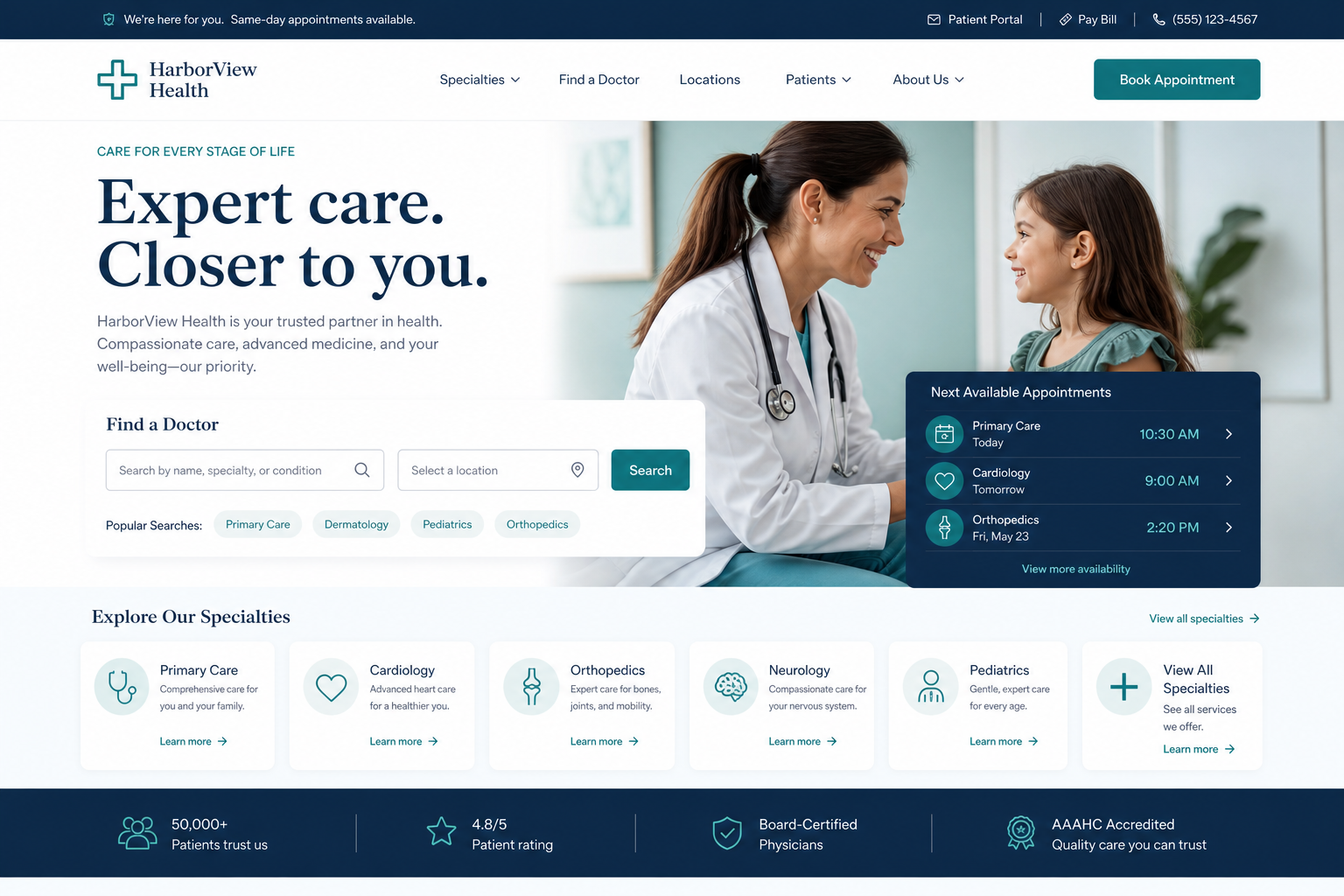 Multi-specialty clinic website homepage