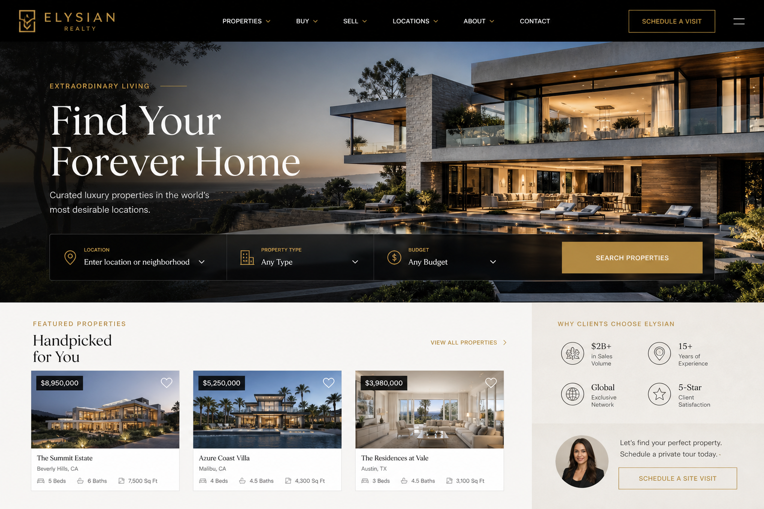 Luxury real estate agency website homepage