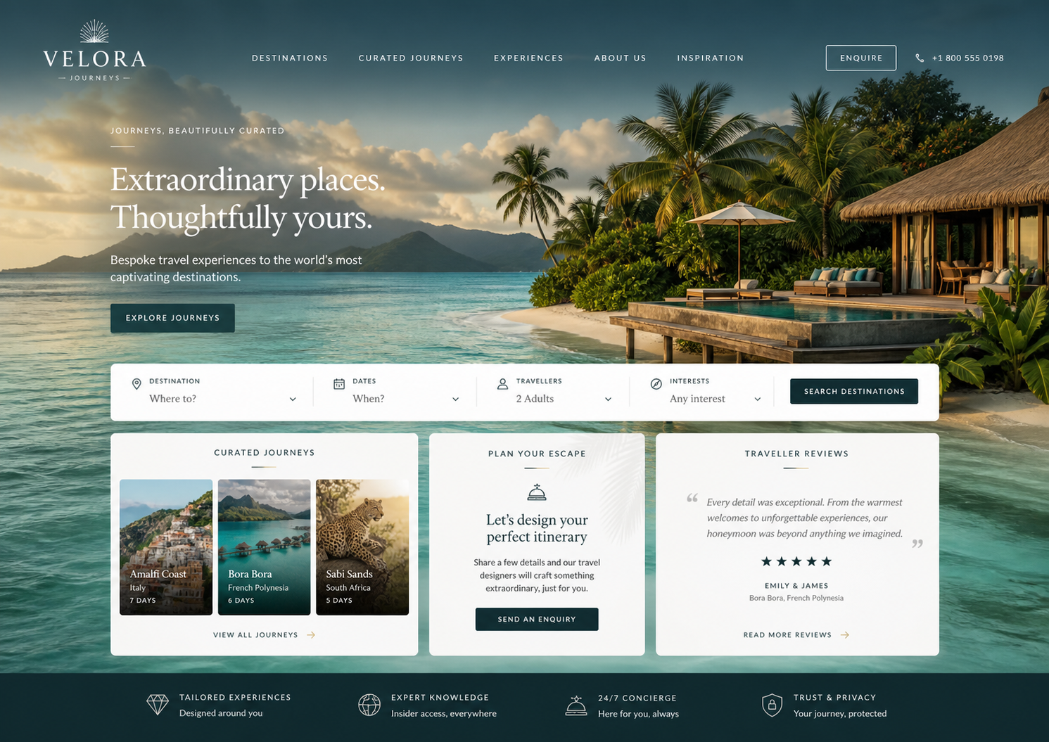 Boutique travel company website homepage
