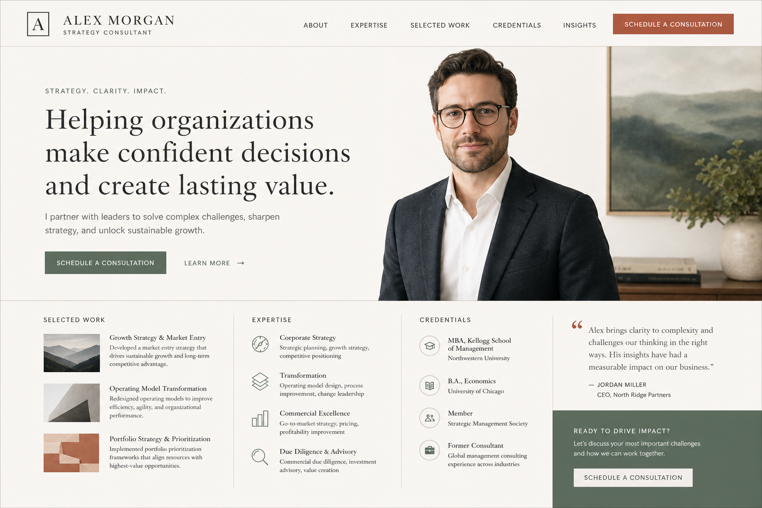 Premium strategy consultant profile website homepage
