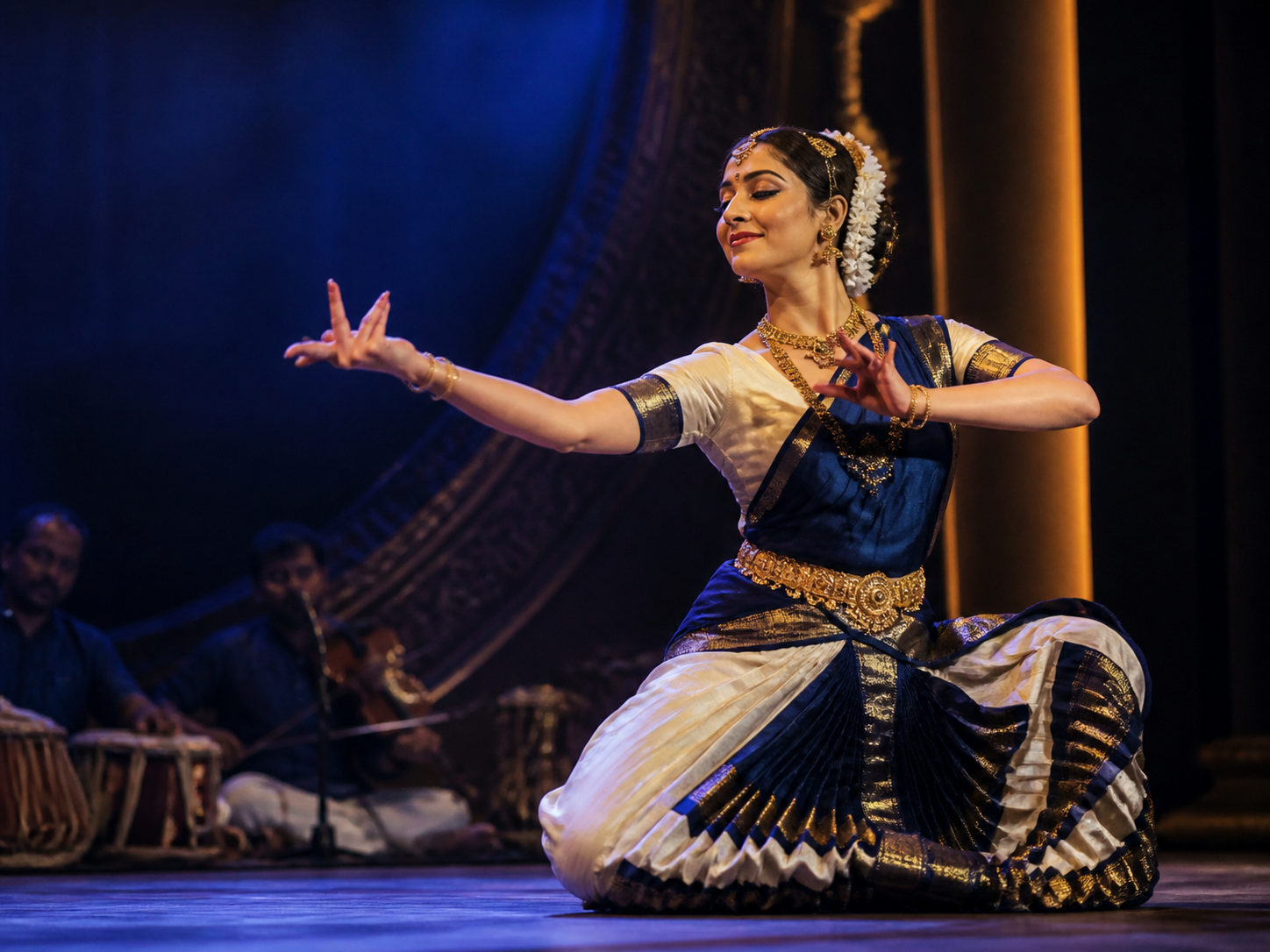 Indian classical performing artist on an elegant contemporary stage