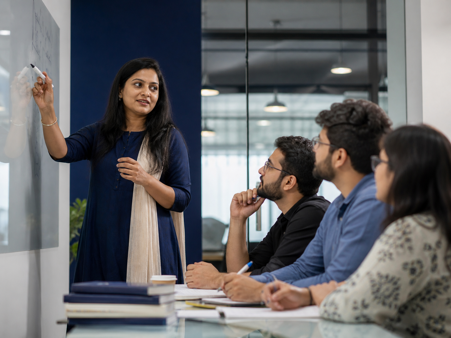 Indian coaching centre founder teaching an engaged group of adult students