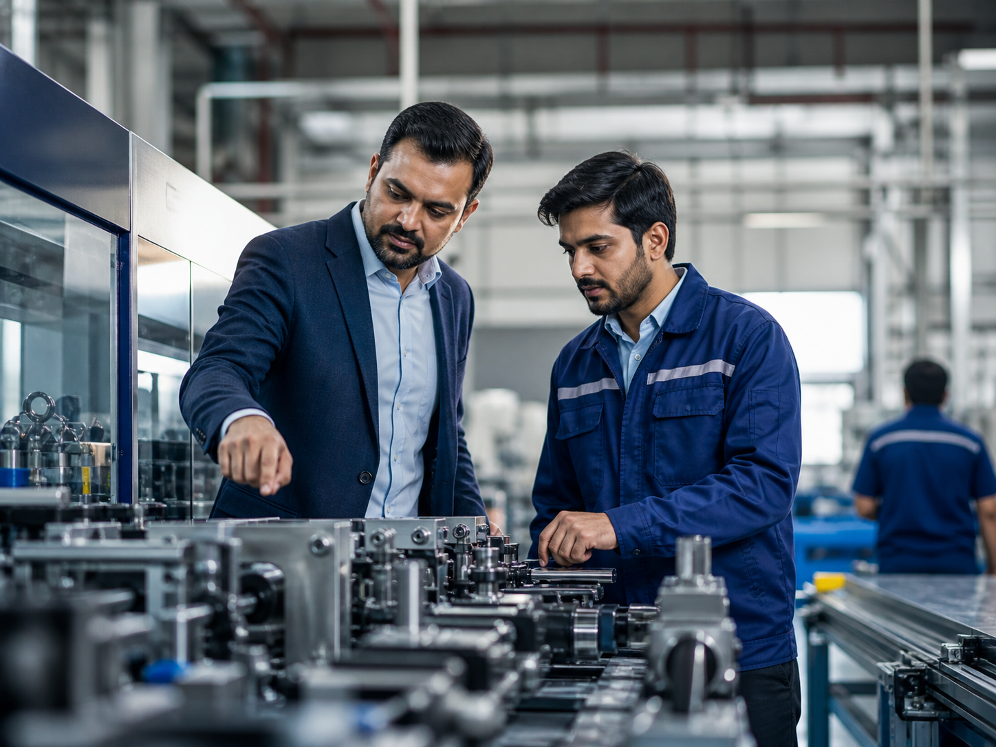 Indian manufacturing founder and engineer inspecting a modern production line